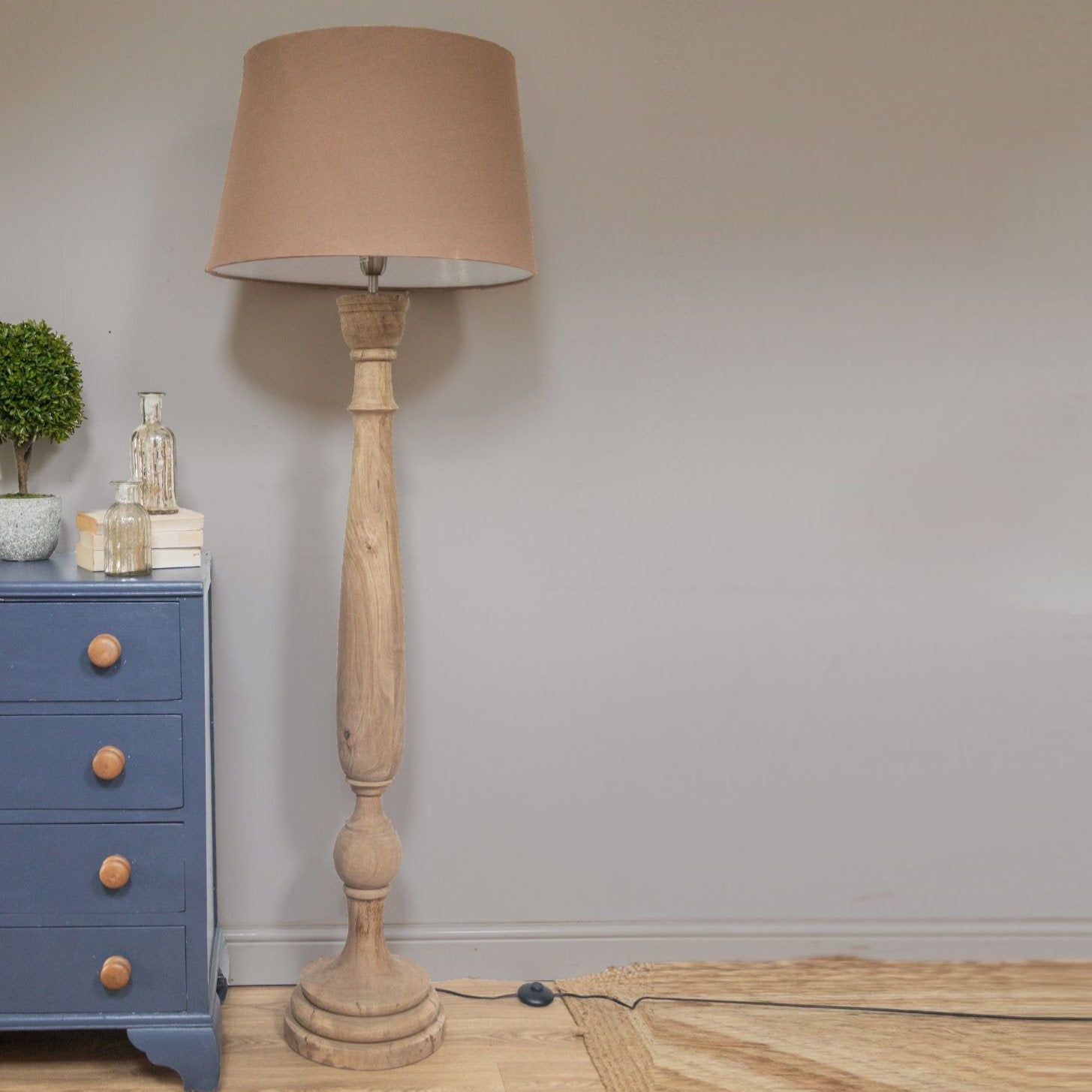 Tall Carved Mango Wood Floor Lamp with Shade